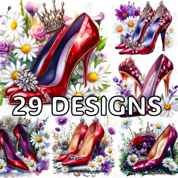 Watercolor Red Daisies High-Heeled Shoes Clipart Collection - Elegant Floral Design for Digital Scrapbooking, Invitations, Art Prints