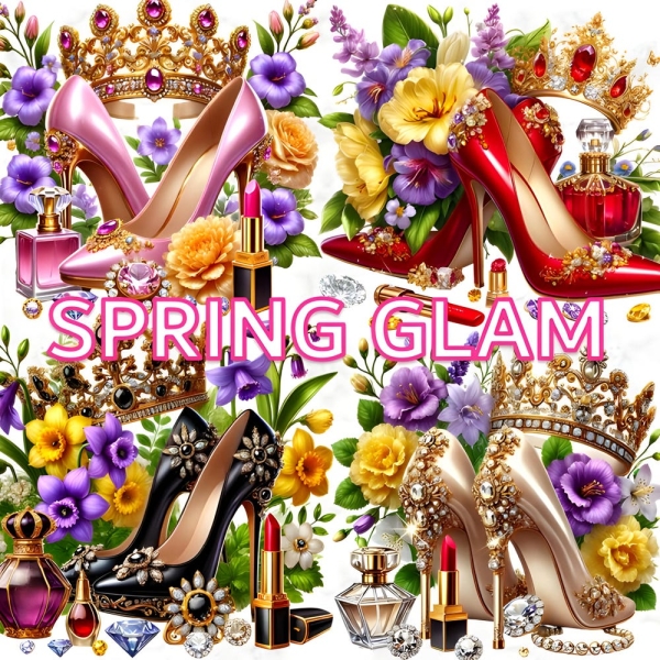 Spring Glam Shoes Clipart, 14 Luxury High Heels PNG, Floral Fashion Sublimation, Glamorous Crown and Perfume, Digital Download Sublimation