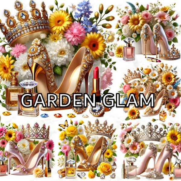 Luxury Floral Heels Clipart,1 0 Glam High Heels and Crown PNG, Fashion Perfume Digital Art, Garden Glam Shoes Illustration, Garden Glam