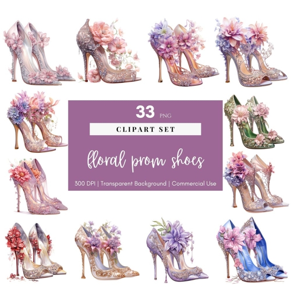 Prom Shoes Floral, Watercolor, High Heels clipart, Heel pumps, Digital planner, Digital Sticker, PNG, Sublimation, Printable, Commercial Use
