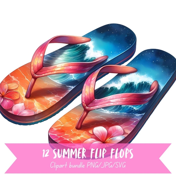 Summer Flip Flops Clipart Bundle, Watercolor Fun Beach Graphics, Transparent Background Unique Footwear Images, Sandal Shoes Digital Art