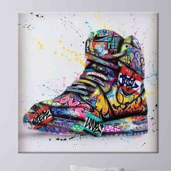 Graffiti Sneaker Wall Art – Colorful Urban Street Style Canvas or Glass Print for Modern & Youthful Spaces