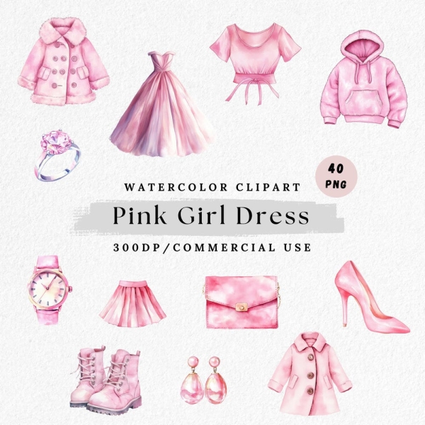 Pink Girl Dress Clipart PNG, Watercolor Pink Girl Outfit, Pink Women Dress Png, Fashion Books, Watercolor Women Dresses, Girl Fashion Png