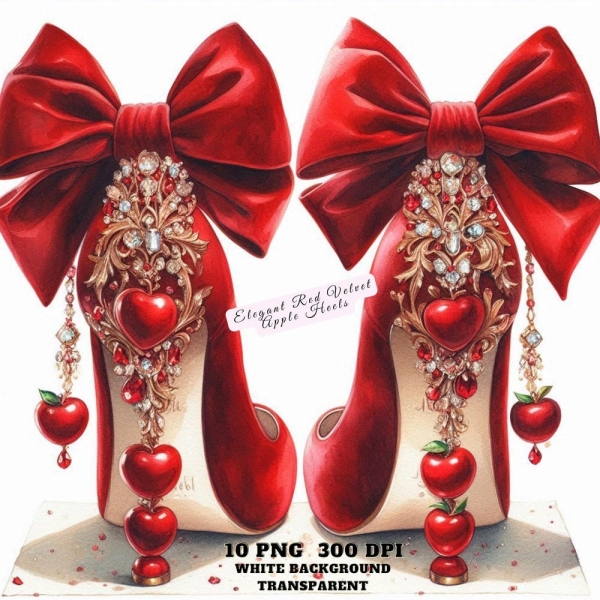 Elegant Red Velvet Apple Heels Clipart with Coquette Bow – Fashion Shoes Illustration PNG for Stickers, Junk Journal, Crafts, Commercial Use