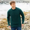 Men's Dark Green Aran Sweater: 100% Merino Wool Irish Knit